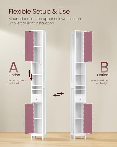 VASAGLE Tall Storage Cabinet, Slim Freestanding Floor Cabinet with Adjustable Shelves, Drawer, Open Compartments, for Small Spaces, Bathroom, Living Room, Modern, Cloud White UBBC765W01