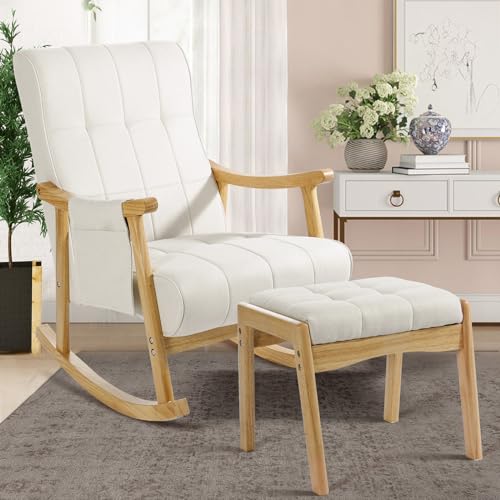 Upholstered Rocking Chair with Ottoman, Modern Indoor Nursery Glider Rocker Chair, Solid Wood High Back Armchair with Fabric Padded Seat for Living Room Bedroom