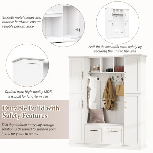 ON-TREND Farmhouse Elegant Hall Tree with 4 Side Cabinets, All-in-One Mudroom Furniture with Adjustable Shelves & Open Cubbies, Beadboard Entryway Bench with Coat Rack & 5 Hooks for Hallway, White
