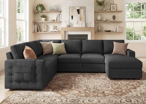 Sectional Sleeper Sofa with Pull-Out Bed Storage Chaise, 6 Seater Couch for Living Room, Dark Grey