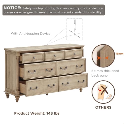 Farmhouse 7-Drawer Dresser with Solid Wood Feet, Natural Oak, view 7