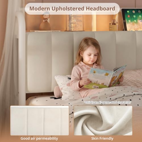 Twin Size Upholstered RGB LED Canopy Bed Frame with Storage, White, view 7