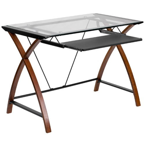 Jude Tempered Glass Computer Desk with Pull-Out Keyboard Tray and Crisscross Frame, Small Computer Desk for Home Office, Cherry/Clear