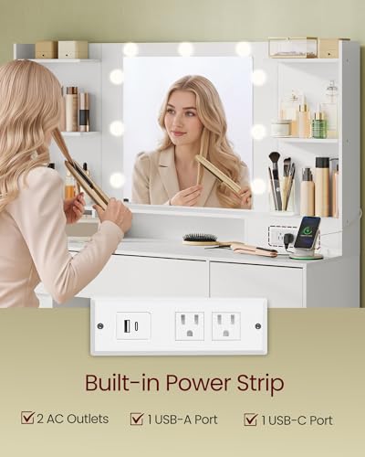 43.3-Inch Vanity Desk with Mirror and Lights, 9 Drawers, view 7