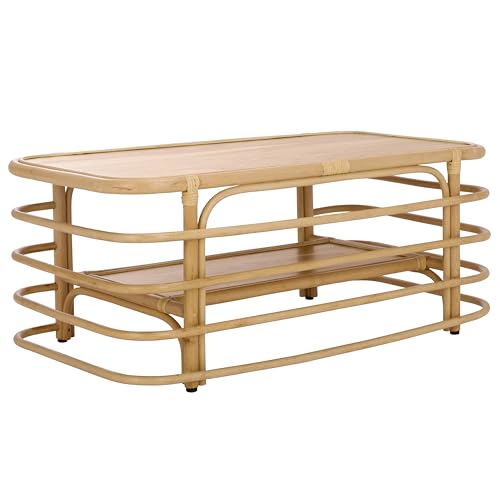 SAFAVIEH Home Collection - Maestro Natural Rattan & Wood Coffee Table, Rectangular Design with Lower Shelf, Fully Assembled (COF5400A)
