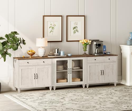Farmhouse TV Stand for 100 Inch TV, 3-in-1 TV Console Table for 75/80/85/90 Inch TV, Entertainment Center with Glass & Wood Door, Kitchen Sideboard Buffet Cabinet for Living Room, Rustic White