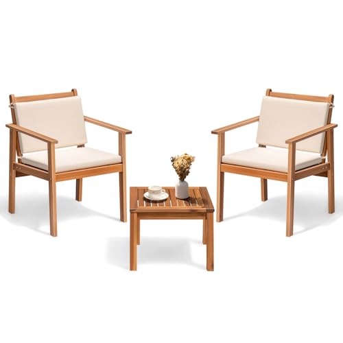 Outdoor Patio Furniture, 3 Piece Bistro Sofa Set with 1 Coffee Table and 2 Chairs, Acacia Wood Conversation Sets with Cushions, for Garden, Backyard, Poolside, White