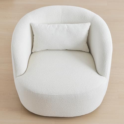 34" Wide Sherpa Swivel Barrel Chair, No Assembly Round Boucle Upholstered Accent Chair Armchair Single Sofa Chair with Toss Pillow for Living Room and Bedroom, Beige