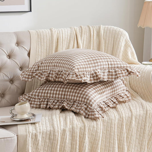 2 Pack Taupe/Brown Plaid Ruffle Throw Pillow Covers Farmhouse Checkered Chic Washed Cotton Pillowcases Gingham Pillow Shams for Bed, Sofa, Living Room-20"X20" Brown