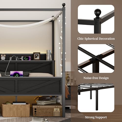 Canopy Bed Frame Queen Size with Barn Storage Headboard, Black, view 7