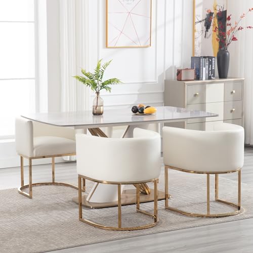 Faux Leather Dining Chairs Set of 2 Modern Barrel Arm Chairs with Golden Metal Frame, Upholstered Kitchen Chairs 18.5" Wide Accent Chairs for Living Room Dining Room Restaurant, White