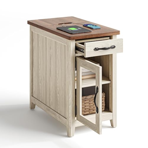 End Table with Charging Station, Modern Farmhouse Wooden Side Table with Drawer, Detachable Holder, Extra Storage & Display Space, for Living Room and Bedroom, Glass Door, Washed Grey