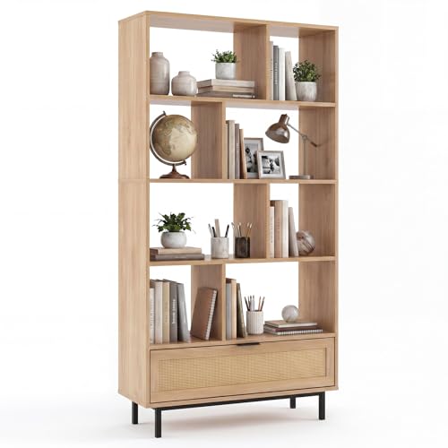 64" Tall Bookshelf with Rattan Drawer, 6-Tier Wood Bookcase with 8 Open Storage Cubes, Metal Legs, Freestanding Display Storage Organizer for Living Room, Home Office, Kitchen (Natural)
