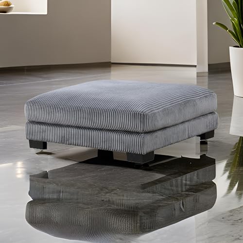45 Inch Ottoman, Attached Seat Cushion in Gray Corduroy Fabric, Wood
