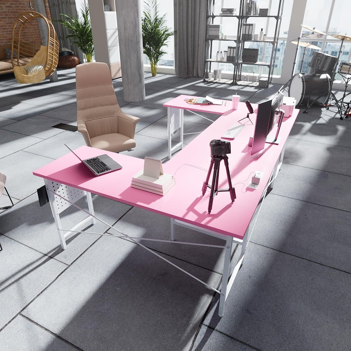 71 Inch Large Computer Desk with Power Outlets,U Shaped Corner Desk for Home Office Work and Gaming Pink