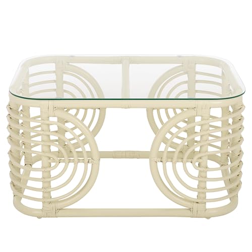SAFAVIEH Furniture - Lidiya Coffee Table - White Rattan with Glass Top - Boho Coastal Living Room Accent Table, Fully Assembled, 30.7" W x 22.8" D x 15.9" H (COF9900A)