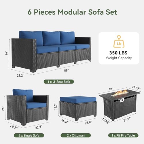 Patio Furniture Set with Fire Pit Table, 6 Piece Outdoor Furniture Set with Wicker Ottomans, Rattan Outdoor Sectional Sofa with Thickened Cushion & Waterproof Cover Navy Blue