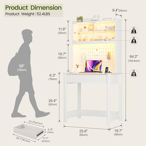 LED Writing Desk with Hutch and Pegboard and Power Outlet (White), view 7