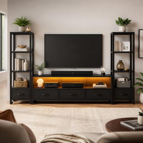 89.2" TV Stand, 5 Drawers & 2 Side Bookshelves, Black, view 8