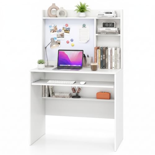 35 Inch White Computer Desk with Hutch and Keyboard Tray, view 2