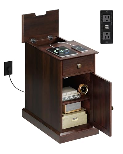 End Table with Charging Station, Narrow Side Table with Drawer & Cabinet, Side Table with Adjustable Shelf for Living Room/Bedroom, Wooden Nightstand with Hidden USB Ports and Outlets, Espresso