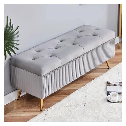 Velvet Upholstered Storage Bench with Gold Metal Legs Stylish Bedroom Ottoman Bench for Living Room Entryway Comfortable Foot Rest and Storage Solution Elegant Grey Color