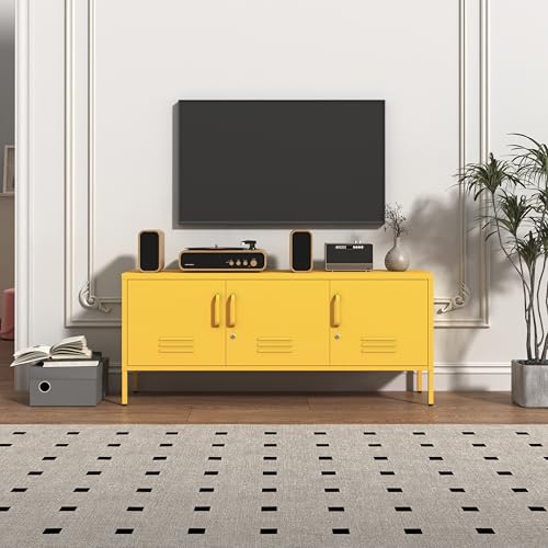 Yellow 3-Door Lockable Metal TV Stand Storage Cabinet with Storage Locker, view 7