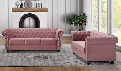 Feinstein Modern Velvet Chesterfield Couches for Living Room with Nailheads, Diamond Tufting & Durable Metal Frame, Loveseat, Rose