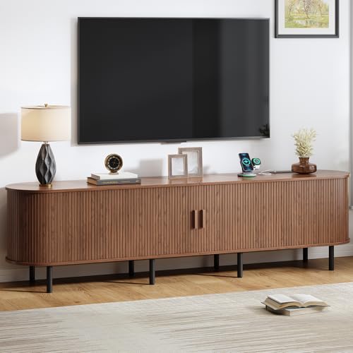 86.6" TV Stand with Power Outlet, Mid-Century Modern Television Stand, Fluted Media Console with Sliding Doors, Entertainment Center for TVs up to 90 Inch, Adjustable Shelves, Walnut