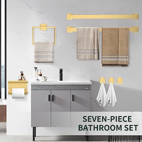 7 Piece Gold Bathroom Hardware Set with Brushed Gold Bathroom Accessories - Square 2 Towel Bars Towel Rack Stainless Steel 23-Inch