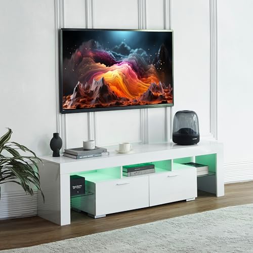 White LED TV Stand for 75 Inch TV, High Gloss Entertainment Center with Storage Drawer, Console Table for Living Room, Bedroom
