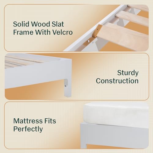 Madia Bed Frame, Mid Century Queen Bed Frame and Headboard with Unique & Trendy Fluted Pattern, 800lbs Capacity Platform Bed Frame, Solid Acacia Wood Slat Support, Easy Assembly White Bed Frame