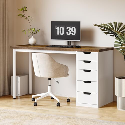 Computer Desk with 5 Drawers, 47 Inch Modern Simple Study Writing Desk with Metal Frame, Work Desk for Home Office, Rustic Brown and White