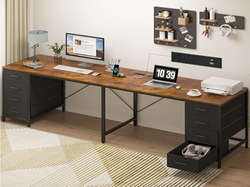 95" 2 Person Desk with 8 Drawers, Large Writing Home Office Desks with Outlets, I Shaped Workstation Double Desk Drawer Organizers (Rustic)