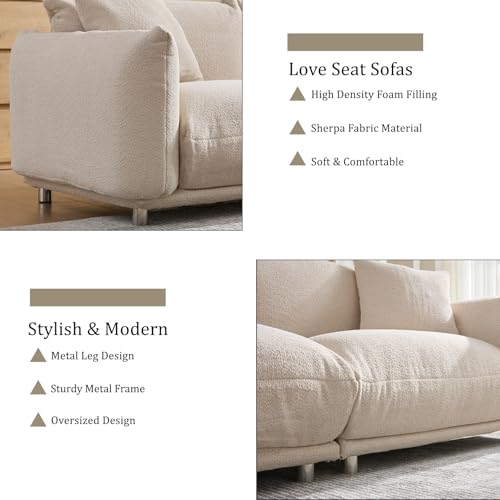 87.4" Modern Cloud Couch, 3 Seater Sherpa Sofa in a Box, Comfy Upholstered Deep Seat Loveseat with Metal Legs, Boucle Sofa Oversized Couch w/2 Pillows for Living Room Bedroom Apartment - Camel