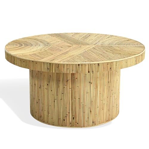 SAFAVIEH Furniture - Oswald Coffee Table - Natural - Rattan & Solid Wood - Round Handwoven Design - Fully Assembled - Ideal for Living Room, Family Room, Den (CWK4008A)