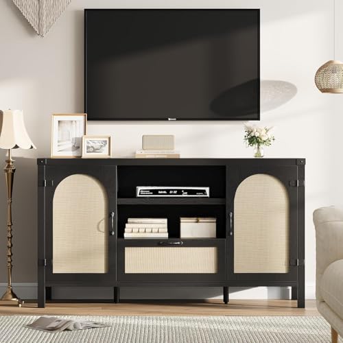 Sideboard Buffet Cabinet with Storage, 59.1" Large Rattan Storage Cabinet with Drawers, Farmhouse Coffee Bar Cabinet for Living Room, Kitchen, Entryway, Black