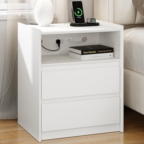 White tall nightstand with charging station, two drawers and tray top, view 2