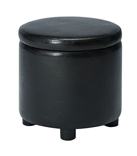 Designs4Comfort Round Accent Storage Ottoman in Black Faux Leather Fabric