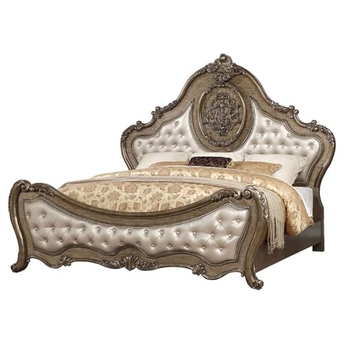 Ragenardus Queen Bed Synthetic Leather Upholstered Headboard Vintage Oak Carved, view 2