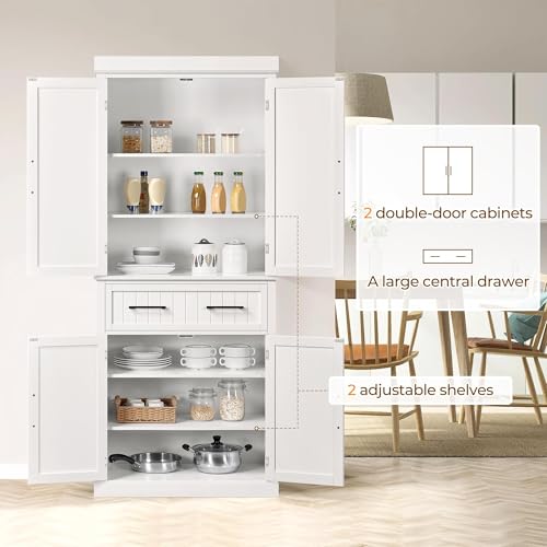 Yaheetech Kitchen Pantry Storage Cabinet with 4 Doors and 2 Adjustable Shelves, 72.5" Freestanding Tall Cupboard Cabinet with Drawer for Dining/Living Room, White