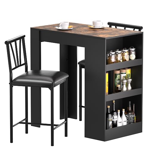 Small Bar Table and Chairs Tall Kitchen Breakfast Nook with Stools/Dining Set for 2, Storage Shelves, Space-Saving, Retro