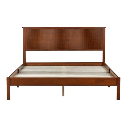 JIVOIT Queen Size Solid Rubber Wood Platform Bed with Wave-Styled Headboard | Bed Frame, Central Support Beams, Reinforced Platform Feet, Underbed Storage Space, Wood Slats Support, Bedroom