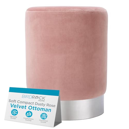 Round Ottoman Foot Stool – Modern Soft Padded Velvet Vanity Chair with Silver Metal Trim – Accent Chair or Foot Rest for Living Room, Bedroom, or Dressing Room (Dusty Rose)