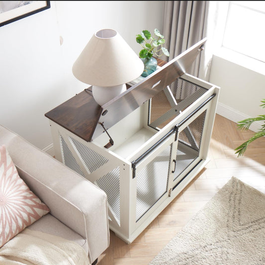 Dog Crate Furniture with Sliding Barn Door, Dog Crate Tv Stand with Detachable Divider, Flip Top Plate Dog House, Decorative Side End Tablefor Small/Medium/Large Dog (White + Mdf+Meta)