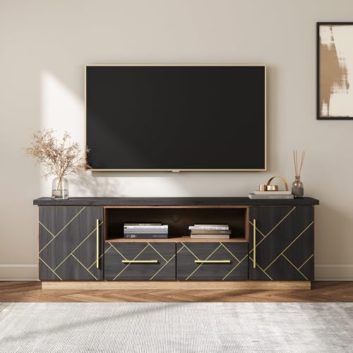 70 Inch Modern TV Stand with Gold Trim, Elegant Entertainment Center with Storage, Media Console Table with Drawers & Open Shelves for Living Room (Espresso Black)