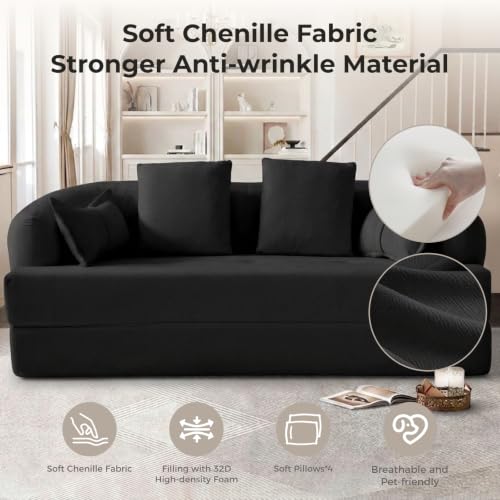 70" Convertible Sofa Bed, 2-in-1 Boneless Sleeper Sofa, Soft Chenille Folding Sofa Loveseat with 4 Pillows, Love Seat Small Couch for Small Spaces, Living Room, Bedroom, No Assembly