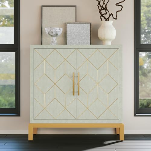Green Accent Cabinet with Gold Trim,Storage Cabinet with 2 Doors,Modern Wooden Sideboard for Living Room, Kitchen, Office and Hallway