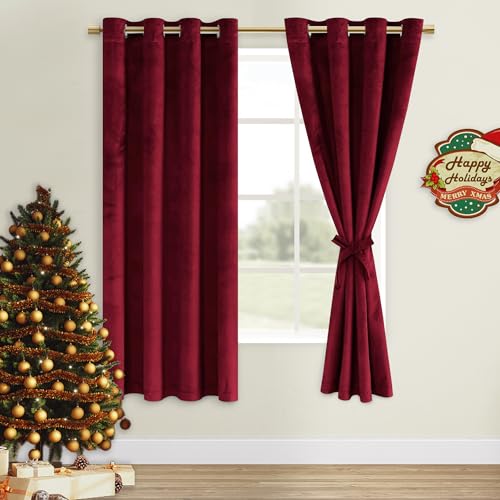 2 piece wine red blackout velvet grommet curtains, view 2