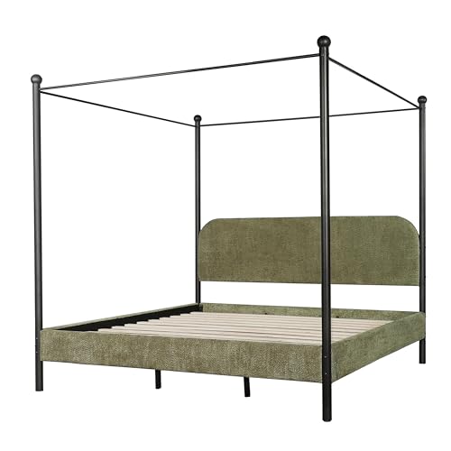 King Size Upholstered Canopy Bed Frame with Boucle Fabric, view 8